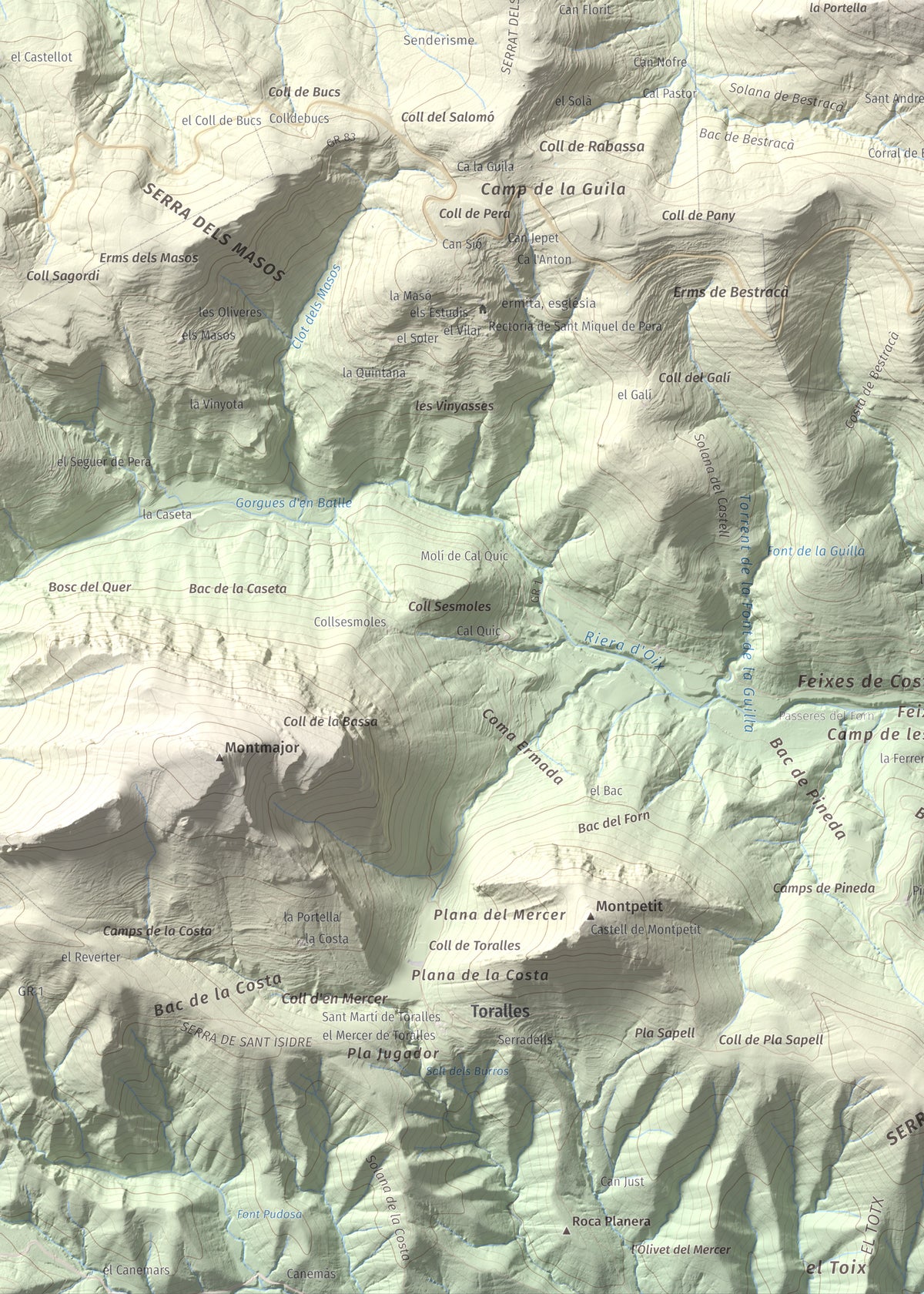 Mapa de relieve de Puig de Bestracà, 1056 m, Ripollès, lámina 100 Cims de Trobart. Detalle de la zona inferior izquierda. 50 × 70 cm.