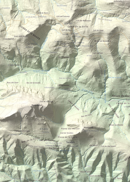 Mapa de relieve de Puig de Bestracà, 1056 m, Ripollès, lámina 100 Cims de Trobart. Detalle de la zona inferior izquierda. 50 × 70 cm.