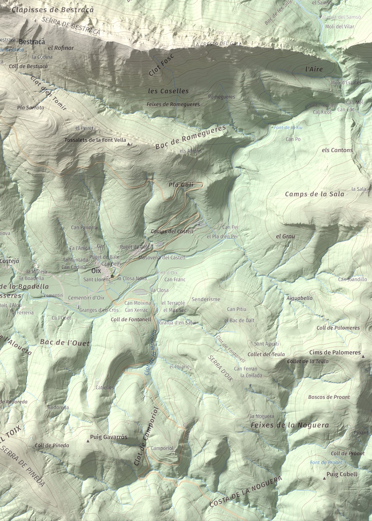 Mapa de relieve de Puig de Bestracà, 1056 m, Ripollès, lámina 100 Cims de Trobart. Detalle de la zona inferior derecha. 50 × 70 cm.