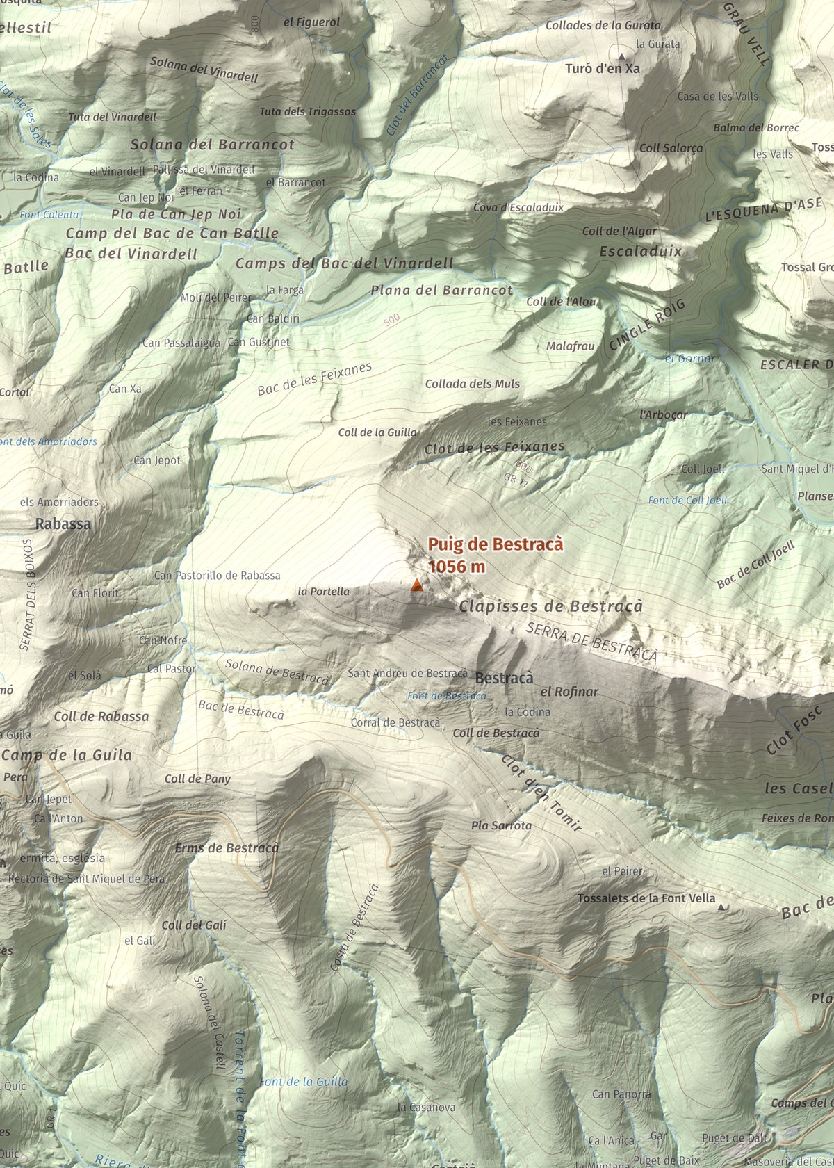 Mapa de relieve de Puig de Bestracà, 1056 m, Ripollès, lámina 100 Cims de Trobart. Detalle de la zona central. 50 × 70 cm.