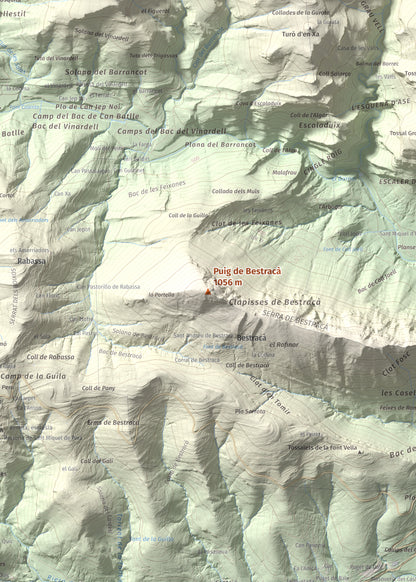 Mapa de relieve de Puig de Bestracà, 1056 m, Ripollès, lámina 100 Cims de Trobart. Detalle de la zona central. 50 × 70 cm.