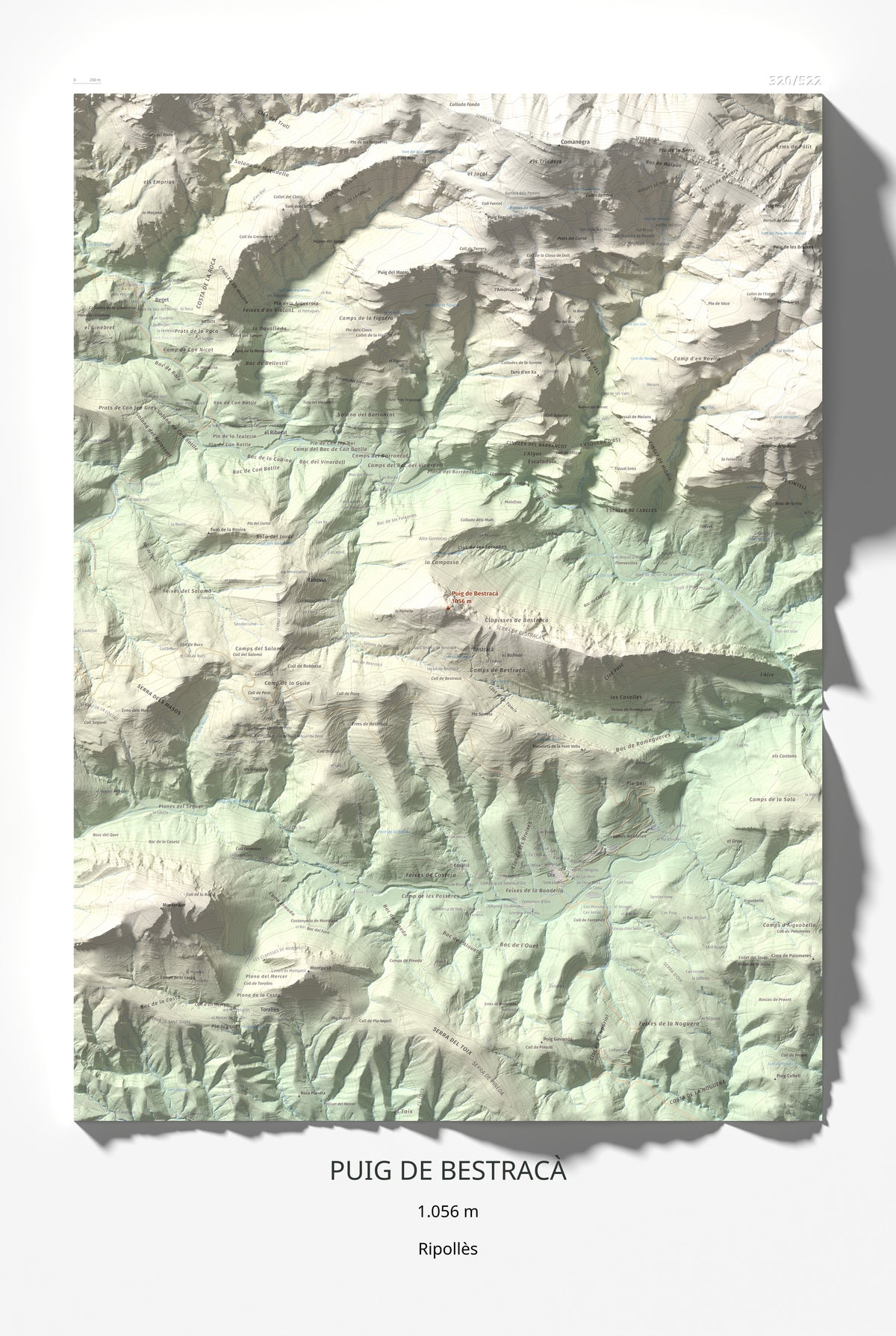 Mapa de relieve de Puig de Bestracà, 1056 m, Ripollès, lámina 100 Cims de Trobart 61 × 91 cm.