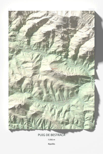 Mapa de relieve de Puig de Bestracà, 1056 m, Ripollès, lámina 100 Cims de Trobart 61 × 91 cm.