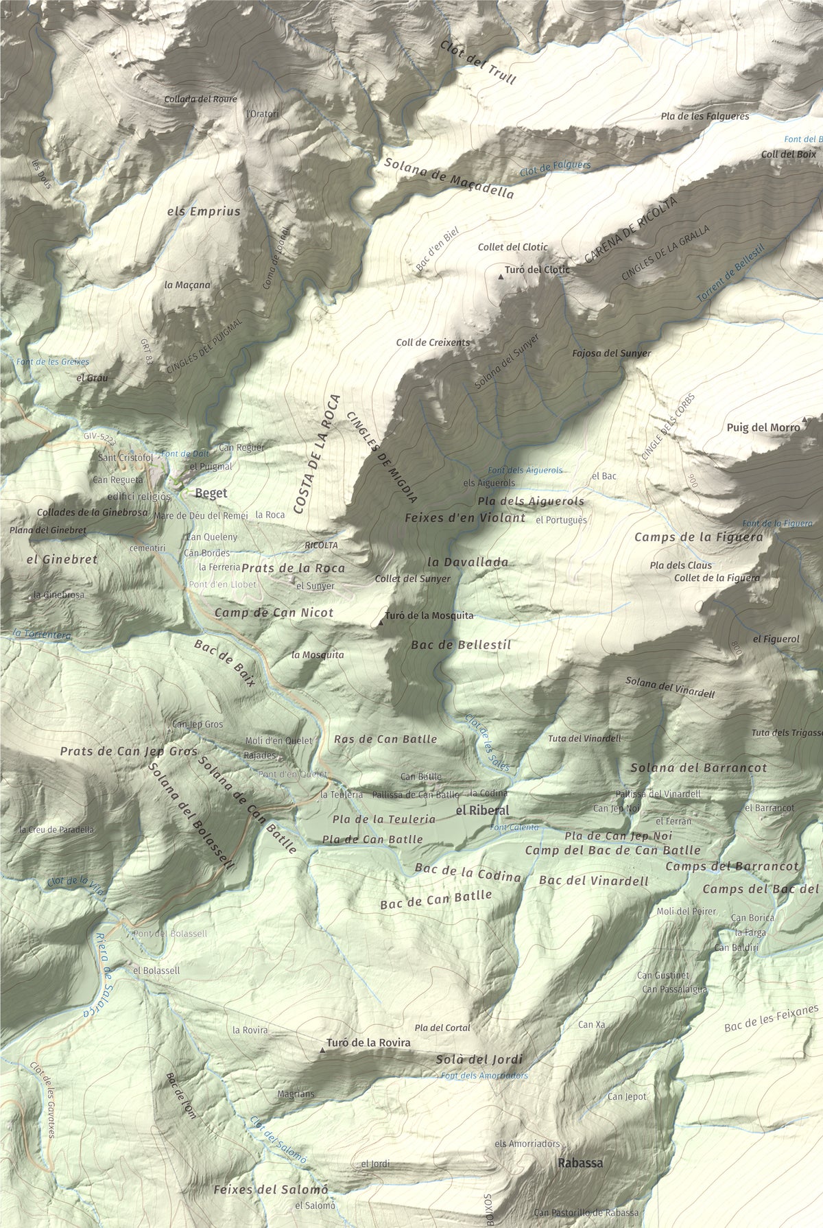Mapa de relieve de Puig de Bestracà, 1056 m, Ripollès, lámina 100 Cims de Trobart. Detalle de la zona superior izquierda. 61 × 91 cm.