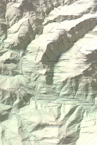 Mapa de relieve de Puig de Bestracà, 1056 m, Ripollès, lámina 100 Cims de Trobart. Detalle de la zona superior izquierda. 61 × 91 cm.
