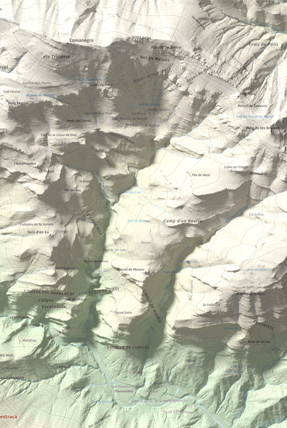 Mapa de relieve de Puig de Bestracà, 1056 m, Ripollès, lámina 100 Cims de Trobart. Detalle de la zona superior derecha. 61 × 91 cm.