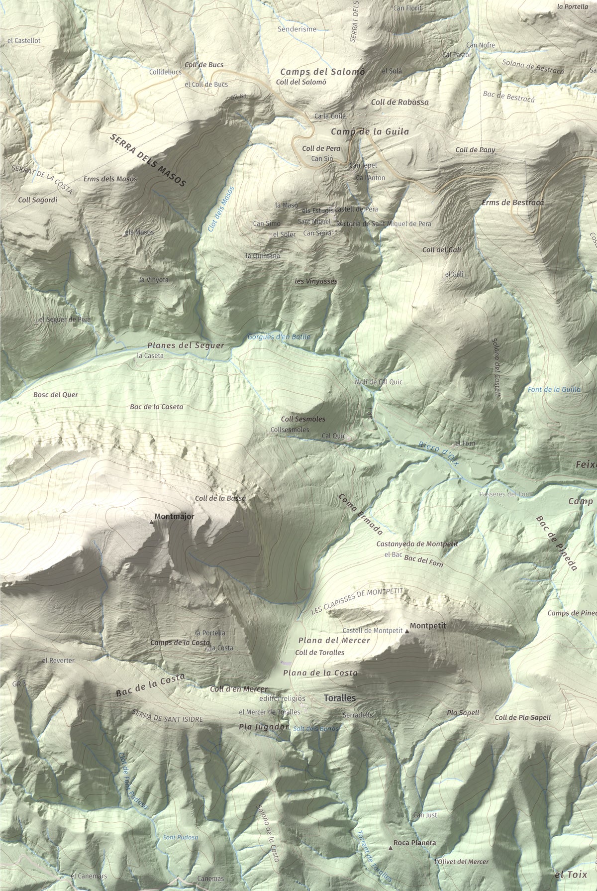 Mapa de relieve de Puig de Bestracà, 1056 m, Ripollès, lámina 100 Cims de Trobart. Detalle de la zona inferior izquierda. 61 × 91 cm.