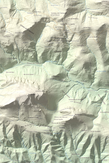 Mapa de relieve de Puig de Bestracà, 1056 m, Ripollès, lámina 100 Cims de Trobart. Detalle de la zona inferior izquierda. 61 × 91 cm.