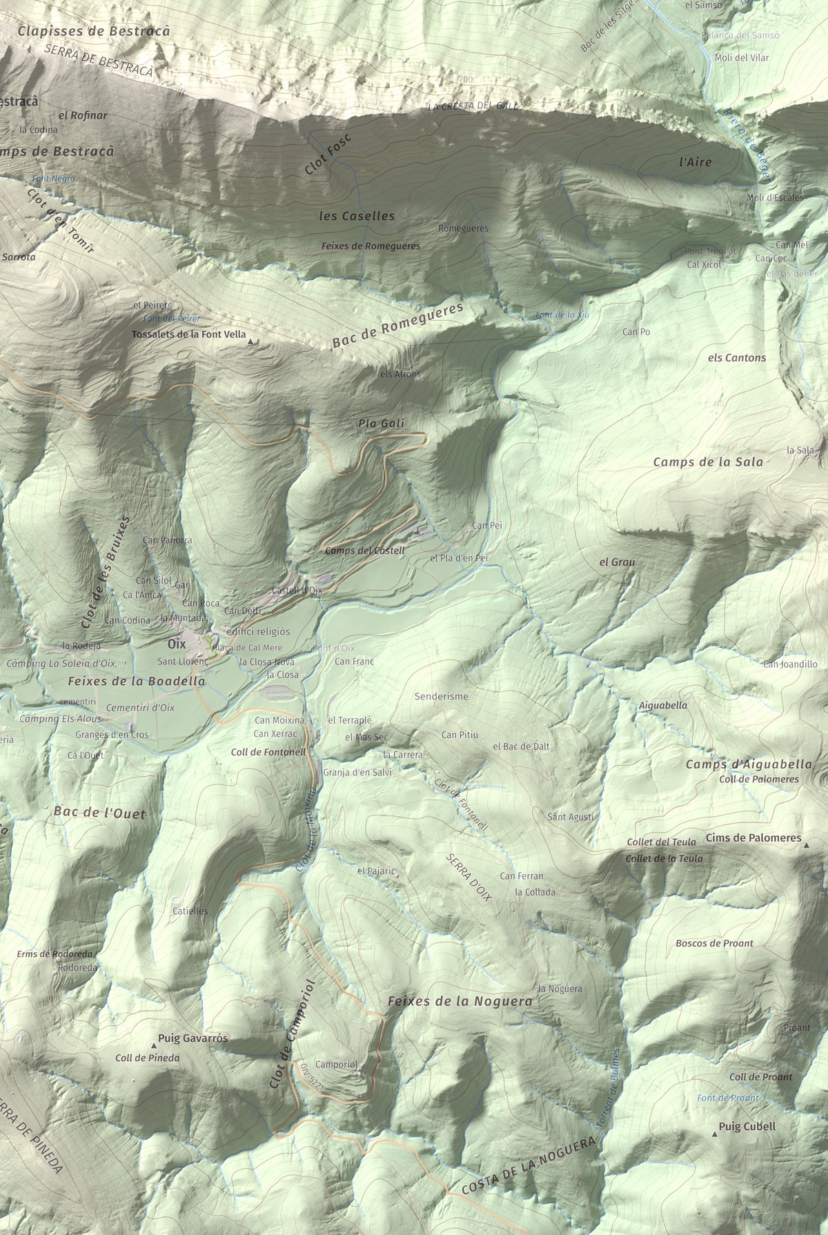 Mapa de relieve de Puig de Bestracà, 1056 m, Ripollès, lámina 100 Cims de Trobart. Detalle de la zona inferior derecha. 61 × 91 cm.