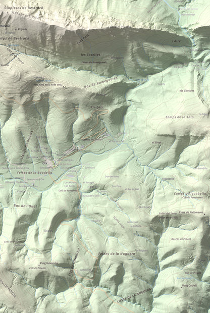 Mapa de relieve de Puig de Bestracà, 1056 m, Ripollès, lámina 100 Cims de Trobart. Detalle de la zona inferior derecha. 61 × 91 cm.