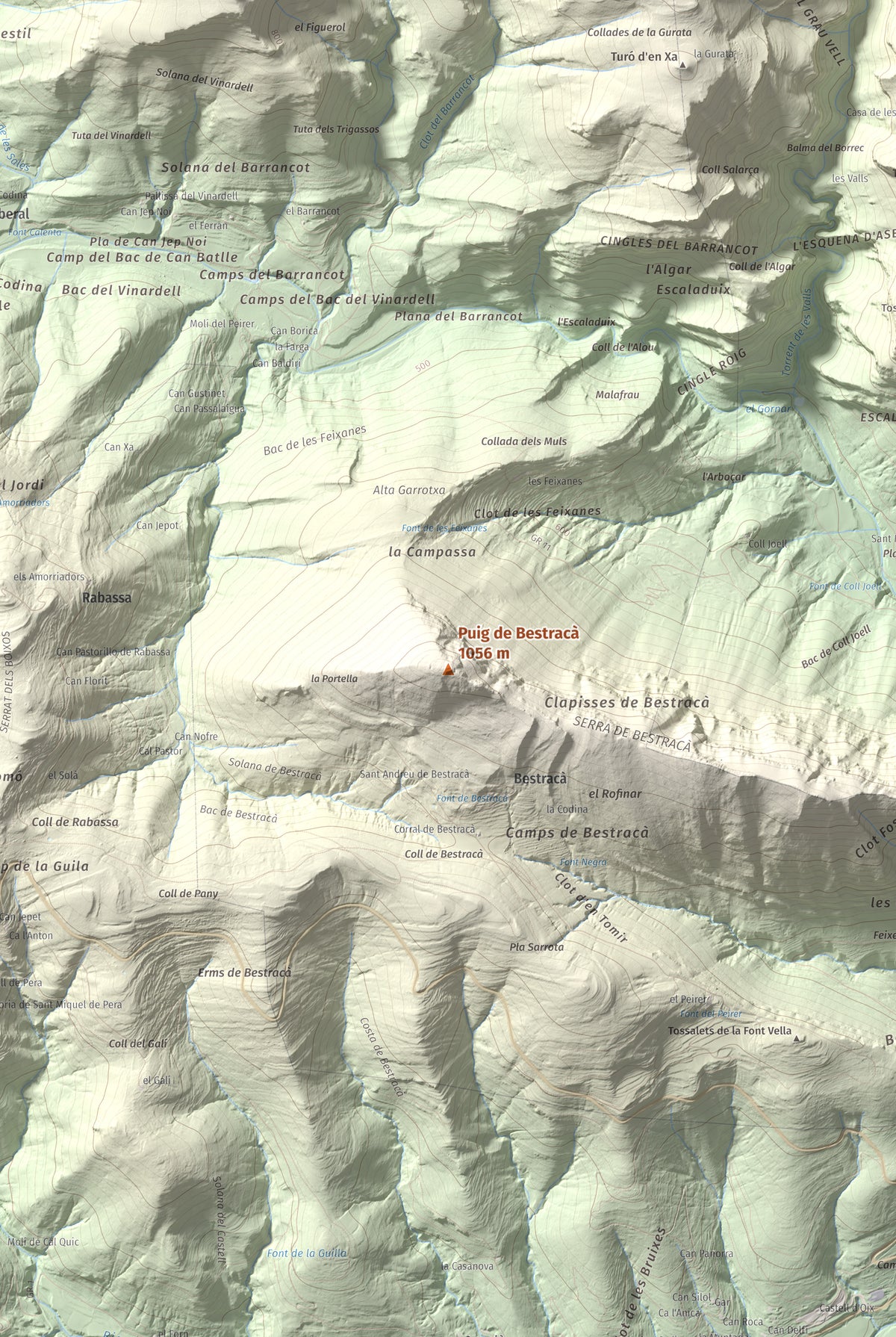 Mapa de relieve de Puig de Bestracà, 1056 m, Ripollès, lámina 100 Cims de Trobart. Detalle de la zona central. 61 × 91 cm.