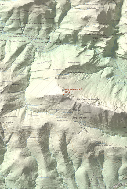 Mapa de relieve de Puig de Bestracà, 1056 m, Ripollès, lámina 100 Cims de Trobart. Detalle de la zona central. 61 × 91 cm.