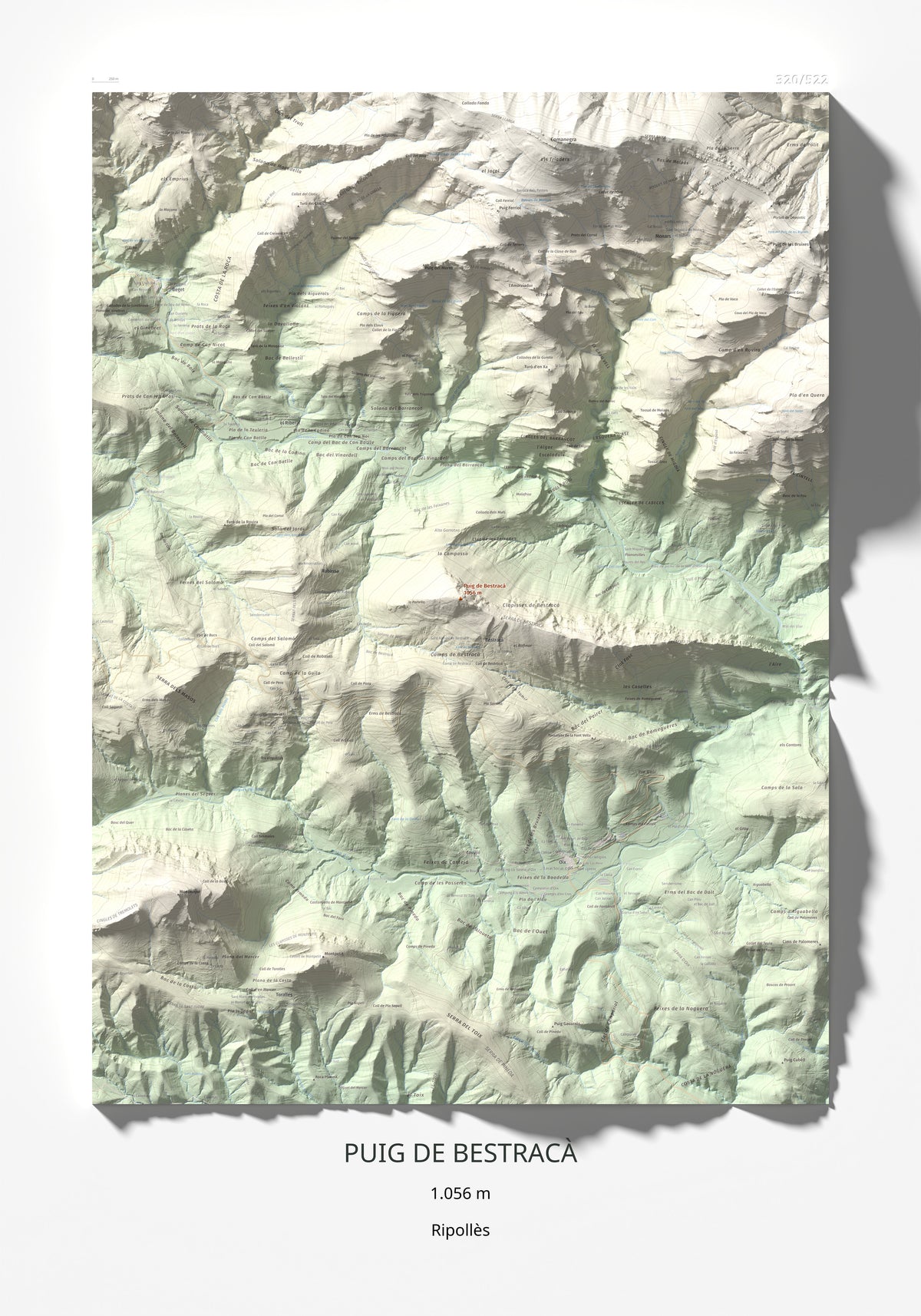 Mapa de relieve de Puig de Bestracà, 1056 m, Ripollès, lámina 100 Cims de Trobart 70 × 100 cm.
