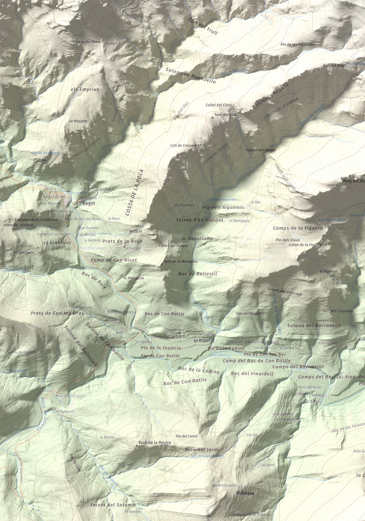 Mapa de relieve de Puig de Bestracà, 1056 m, Ripollès, lámina 100 Cims de Trobart. Detalle de la zona superior izquierda. 70 × 100 cm.