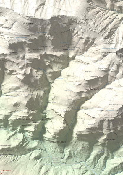 Mapa de relieve de Puig de Bestracà, 1056 m, Ripollès, lámina 100 Cims de Trobart. Detalle de la zona superior derecha. 70 × 100 cm.