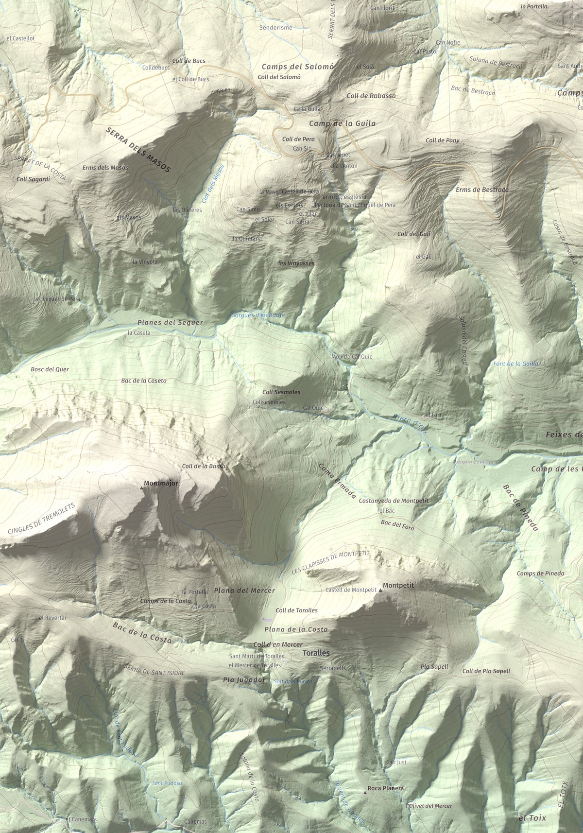 Mapa de relieve de Puig de Bestracà, 1056 m, Ripollès, lámina 100 Cims de Trobart. Detalle de la zona inferior izquierda. 70 × 100 cm.