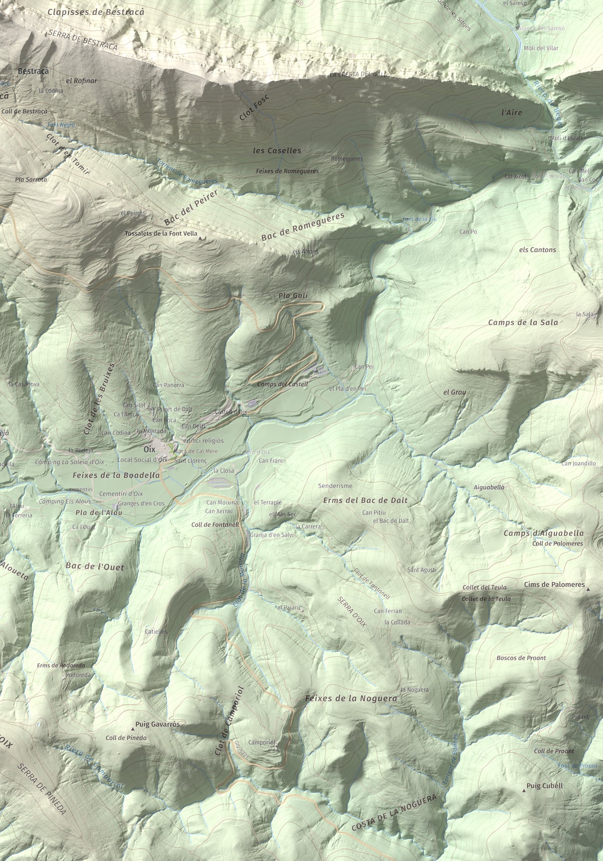 Mapa de relieve de Puig de Bestracà, 1056 m, Ripollès, lámina 100 Cims de Trobart. Detalle de la zona inferior derecha. 70 × 100 cm.