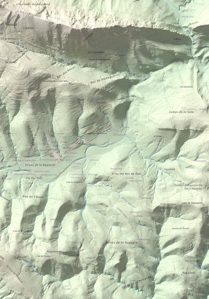 Mapa de relieve de Puig de Bestracà, 1056 m, Ripollès, lámina 100 Cims de Trobart. Detalle de la zona inferior derecha. 70 × 100 cm.