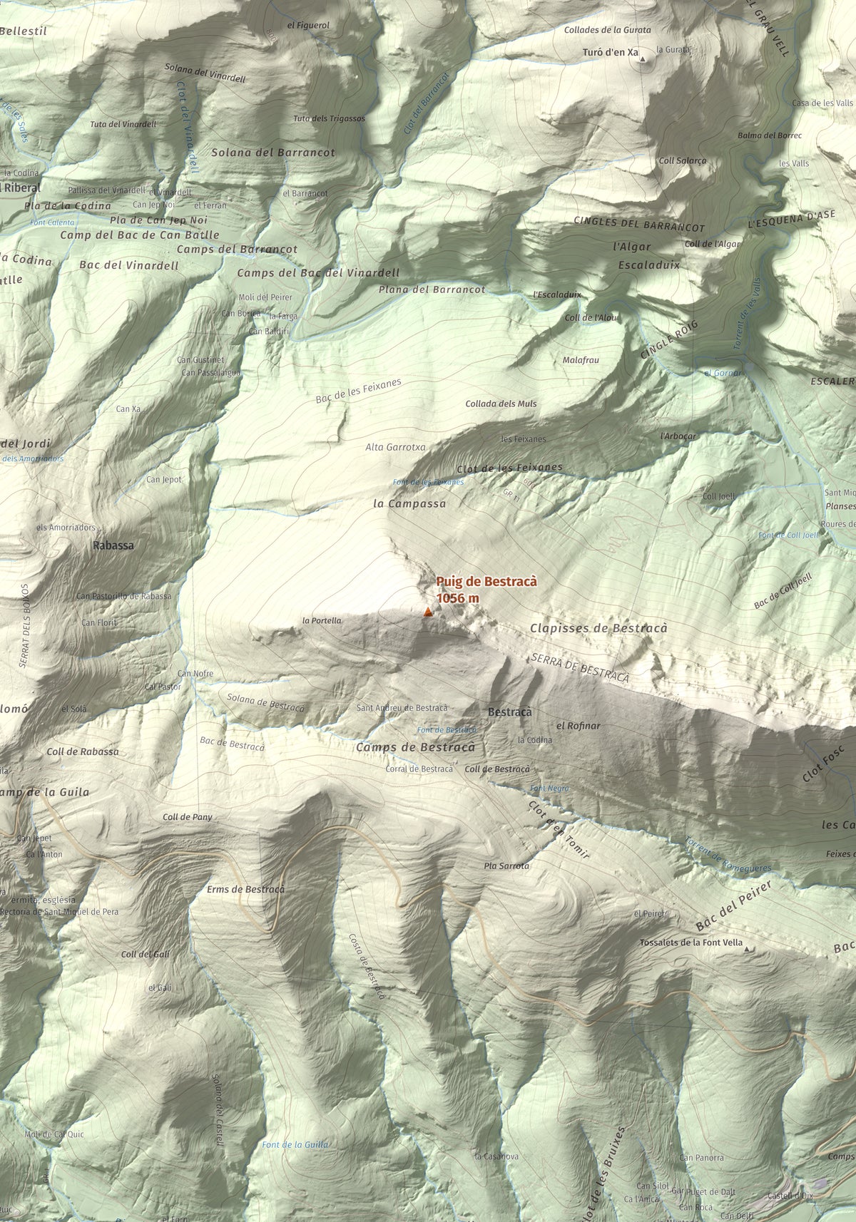 Mapa de relieve de Puig de Bestracà, 1056 m, Ripollès, lámina 100 Cims de Trobart. Detalle de la zona central. 70 × 100 cm.