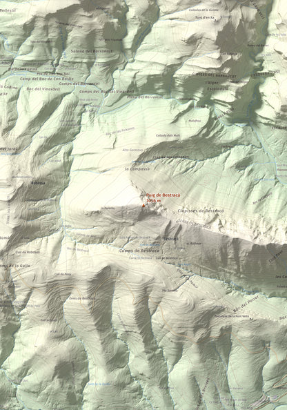 Mapa de relieve de Puig de Bestracà, 1056 m, Ripollès, lámina 100 Cims de Trobart. Detalle de la zona central. 70 × 100 cm.