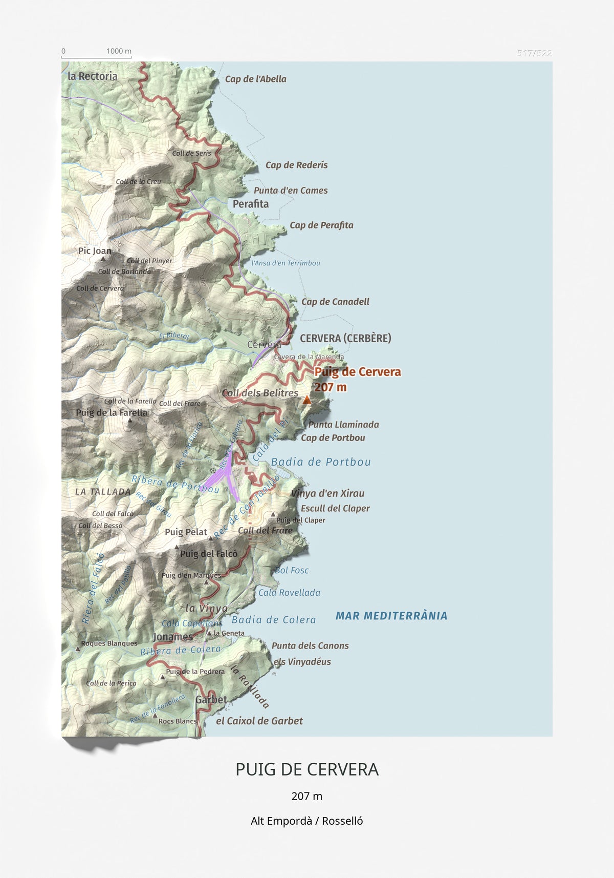 Mapa topográfico del relieve: Puig de Cervera, 207 m. Lámina completa. 21 × 30 cm.