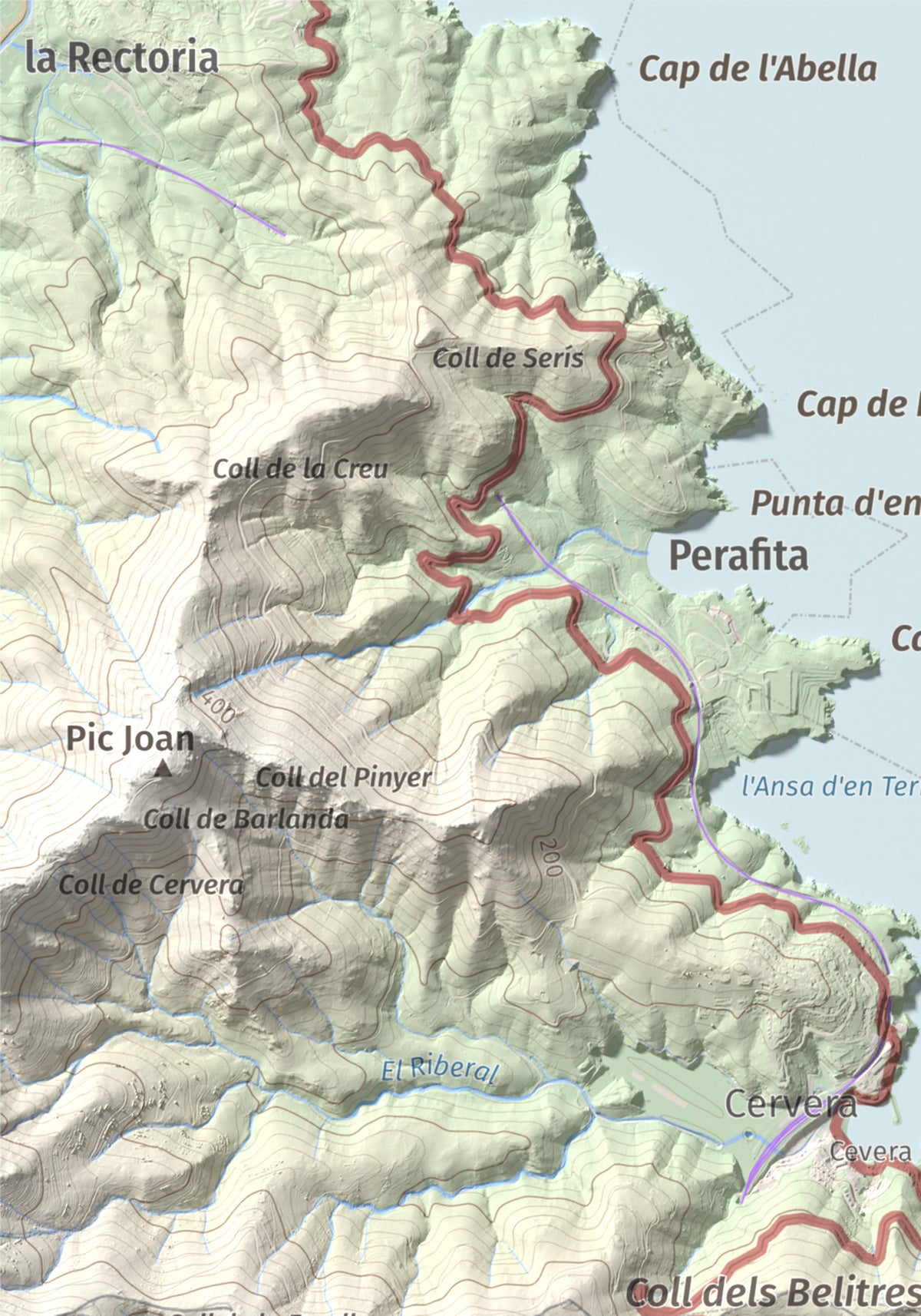 Mapa topográfico del relieve: Puig de Cervera, 207 m. Detalle de la zona superior izquierda. 21 × 30 cm.