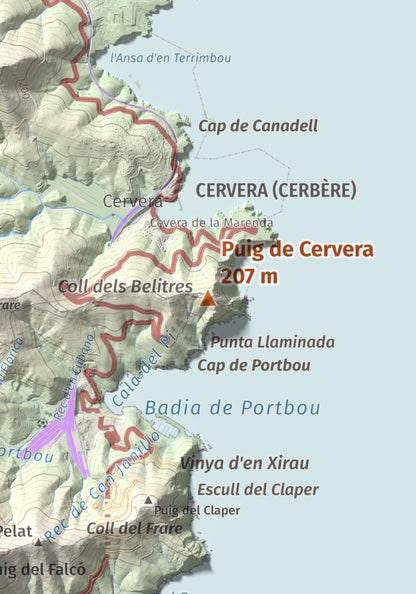 Mapa topográfico del relieve: Puig de Cervera, 207 m. Detalle de la zona central. 21 × 30 cm.