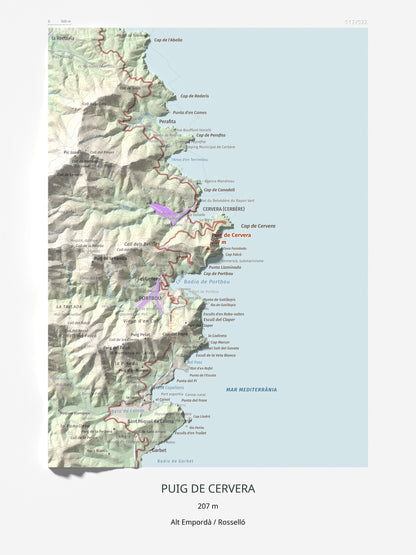 Mapa topográfico del relieve: Puig de Cervera, 207 m. Lámina completa. 30 × 40 cm.