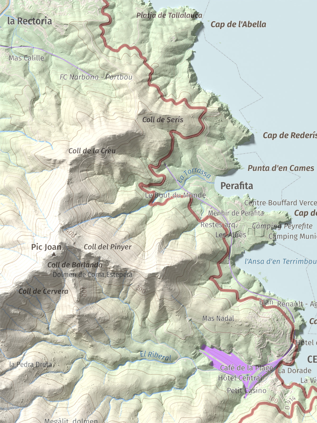 Mapa topográfico del relieve: Puig de Cervera, 207 m. Detalle de la zona superior izquierda. 30 × 40 cm.