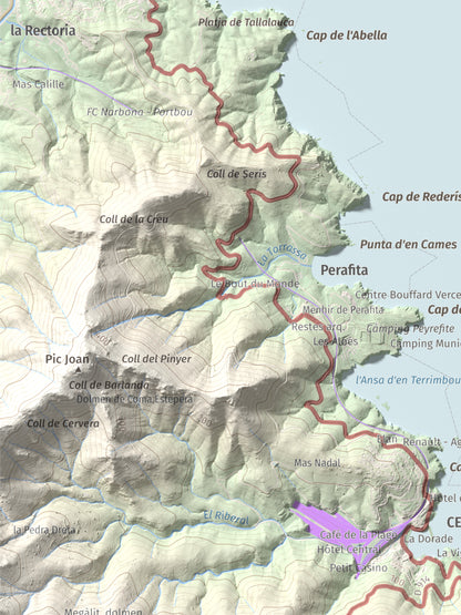 Mapa topográfico del relieve: Puig de Cervera, 207 m. Detalle de la zona superior izquierda. 30 × 40 cm.