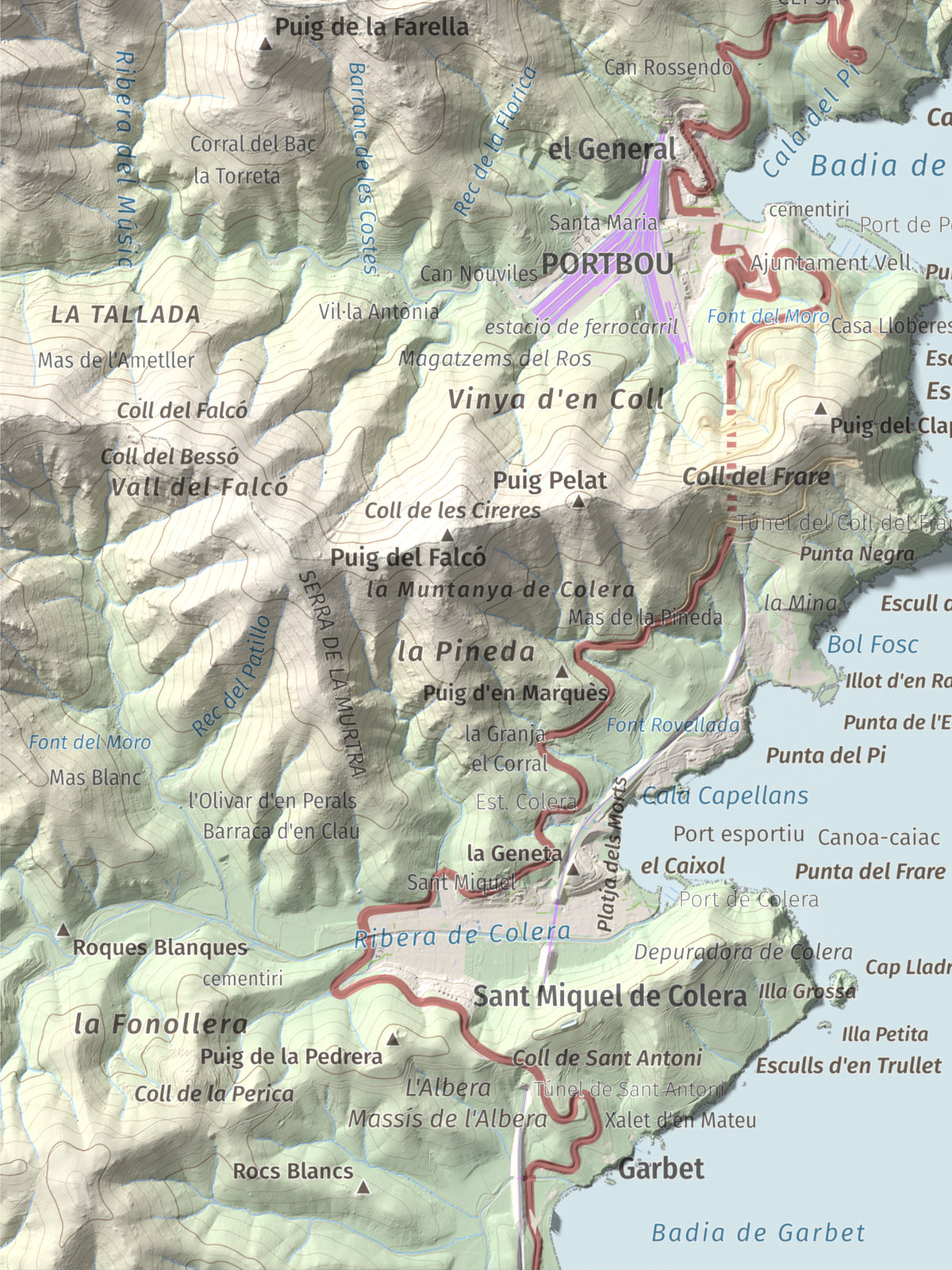 Mapa topográfico del relieve: Puig de Cervera, 207 m. Detalle de la zona inferior izquierda. 30 × 40 cm.