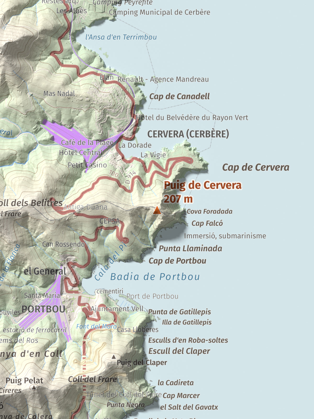 Mapa topográfico del relieve: Puig de Cervera, 207 m. Detalle de la zona central. 30 × 40 cm.