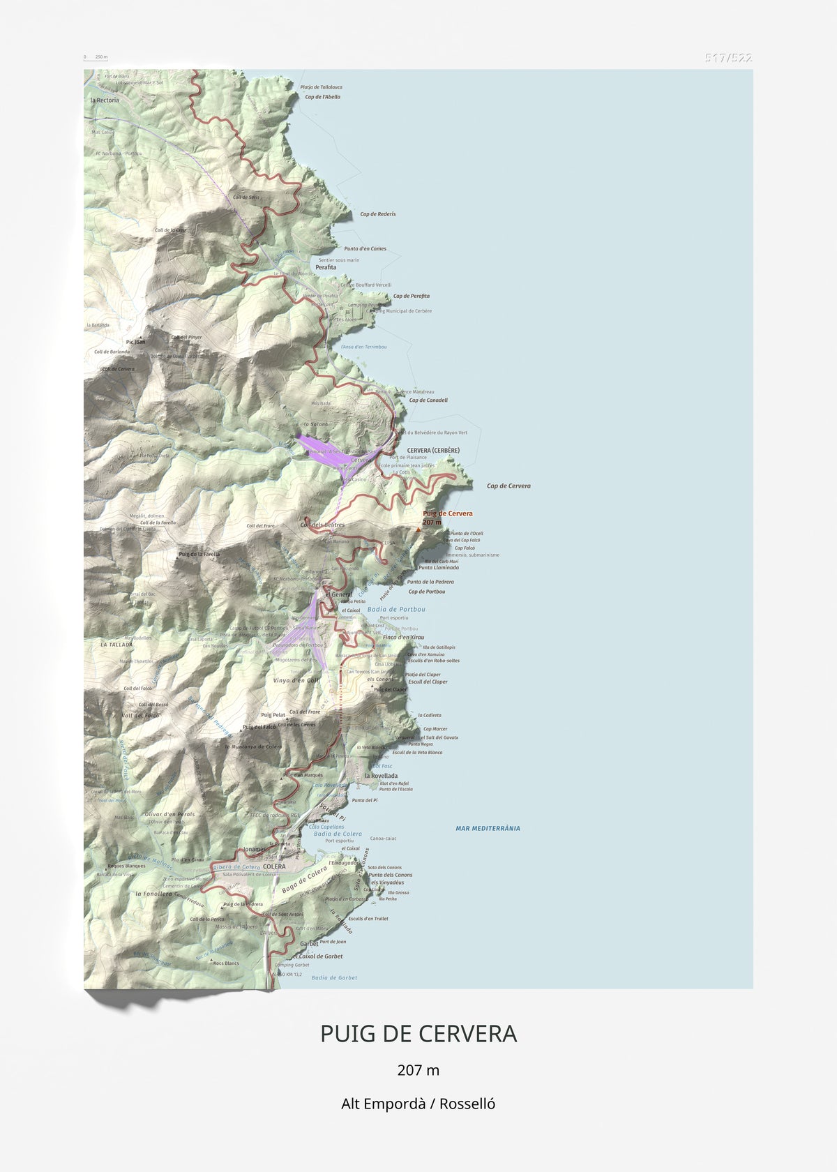 Mapa topográfico del relieve: Puig de Cervera, 207 m. Lámina completa. 50 × 70 cm.