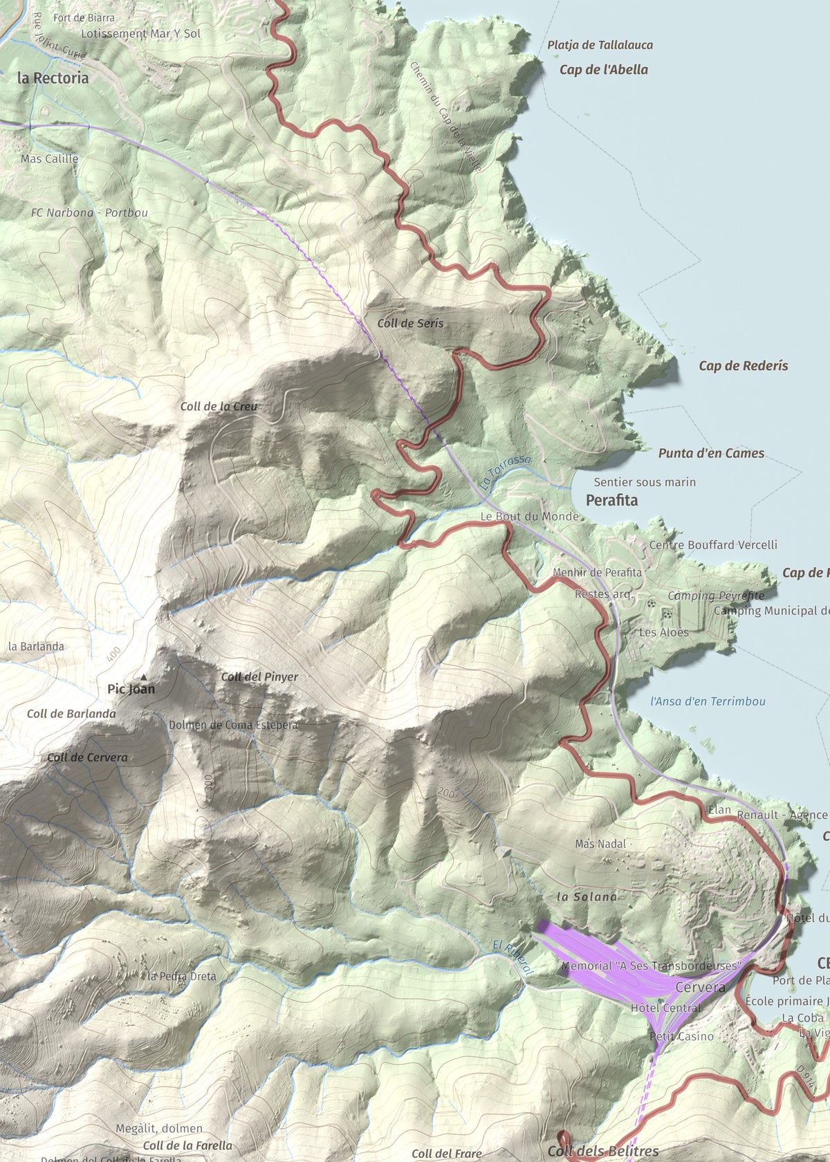 Mapa topográfico del relieve: Puig de Cervera, 207 m. Detalle de la zona superior izquierda. 50 × 70 cm.