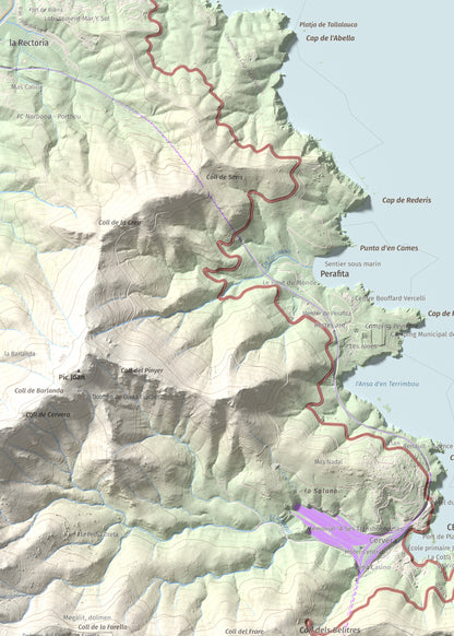 Mapa topográfico del relieve: Puig de Cervera, 207 m. Detalle de la zona superior izquierda. 50 × 70 cm.