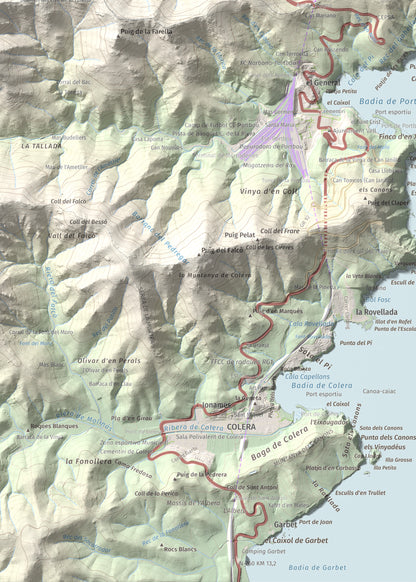 Mapa topográfico del relieve: Puig de Cervera, 207 m. Detalle de la zona inferior izquierda. 50 × 70 cm.