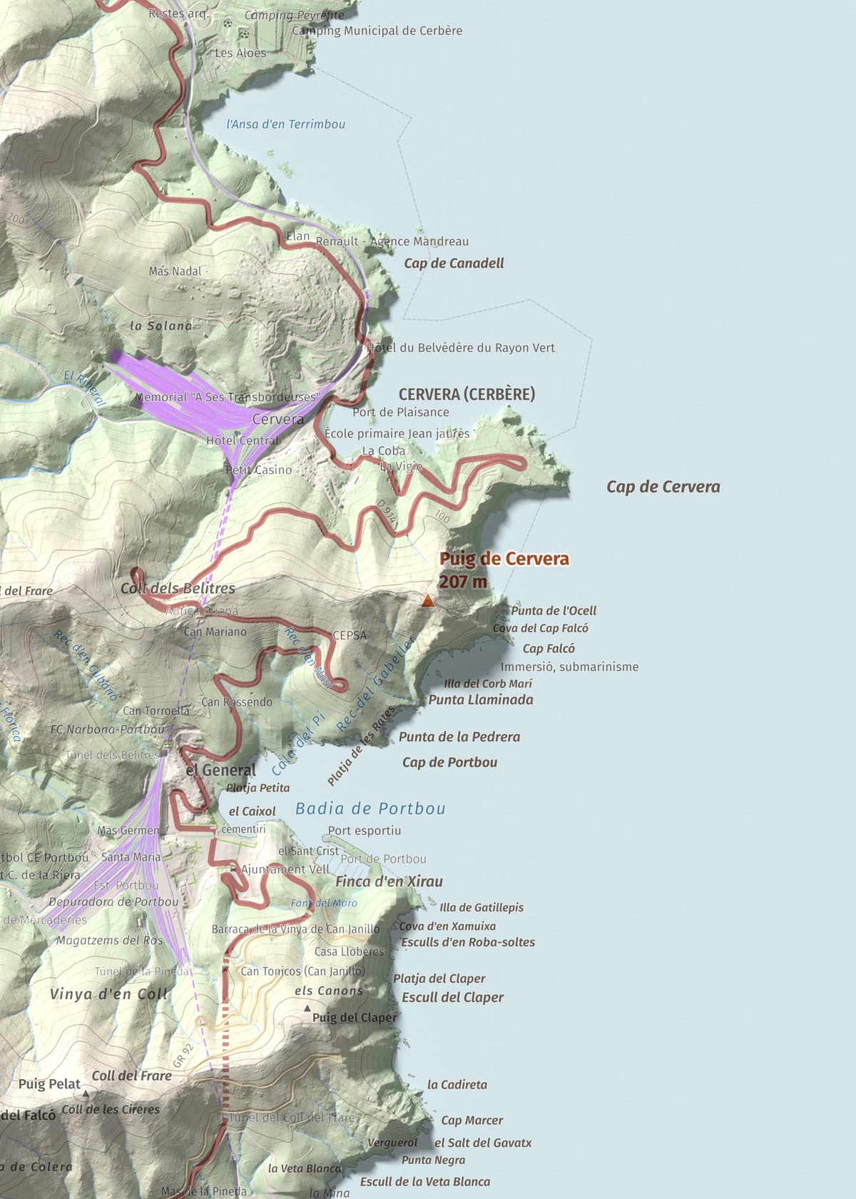Mapa topográfico del relieve: Puig de Cervera, 207 m. Detalle de la zona central. 50 × 70 cm.