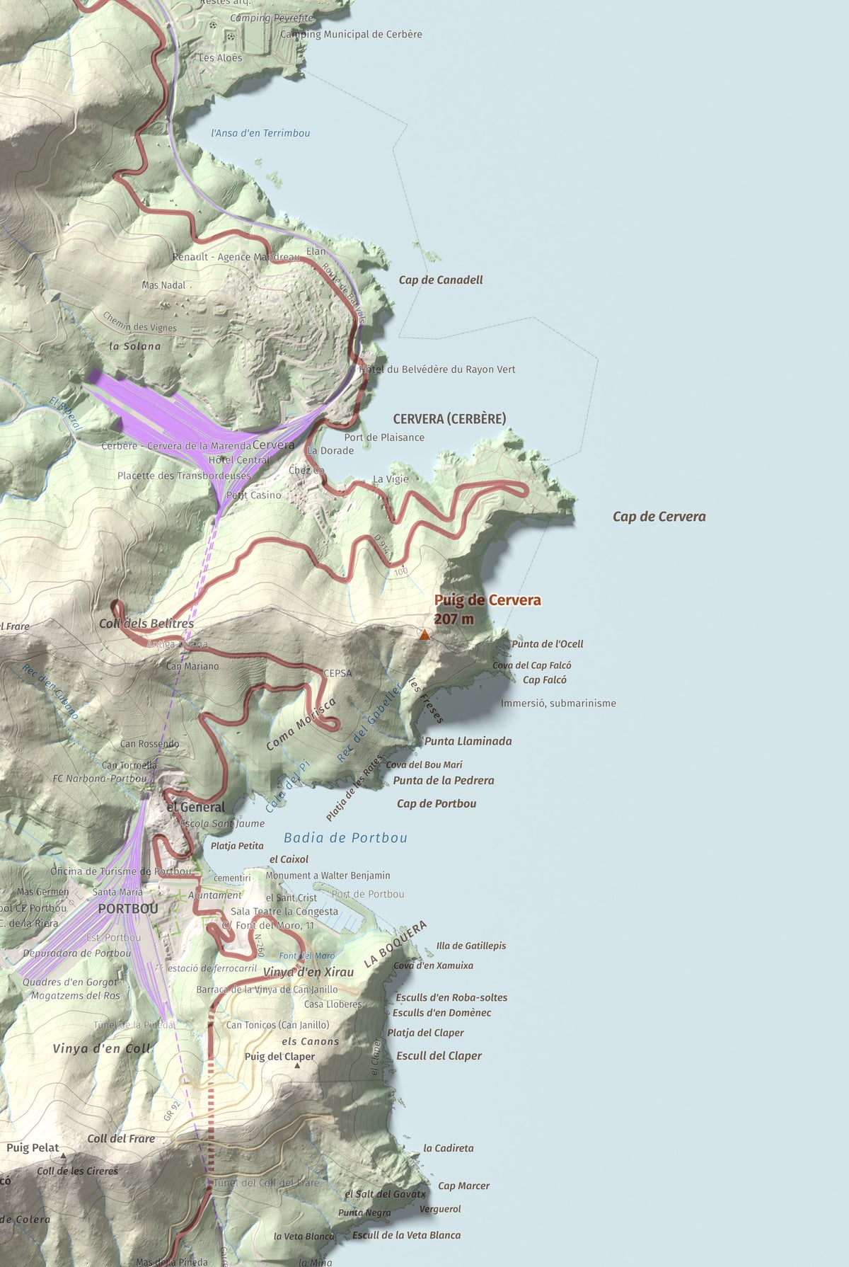 Mapa topográfico del relieve: Puig de Cervera, 207 m. Detalle de la zona central. 61 × 91 cm.