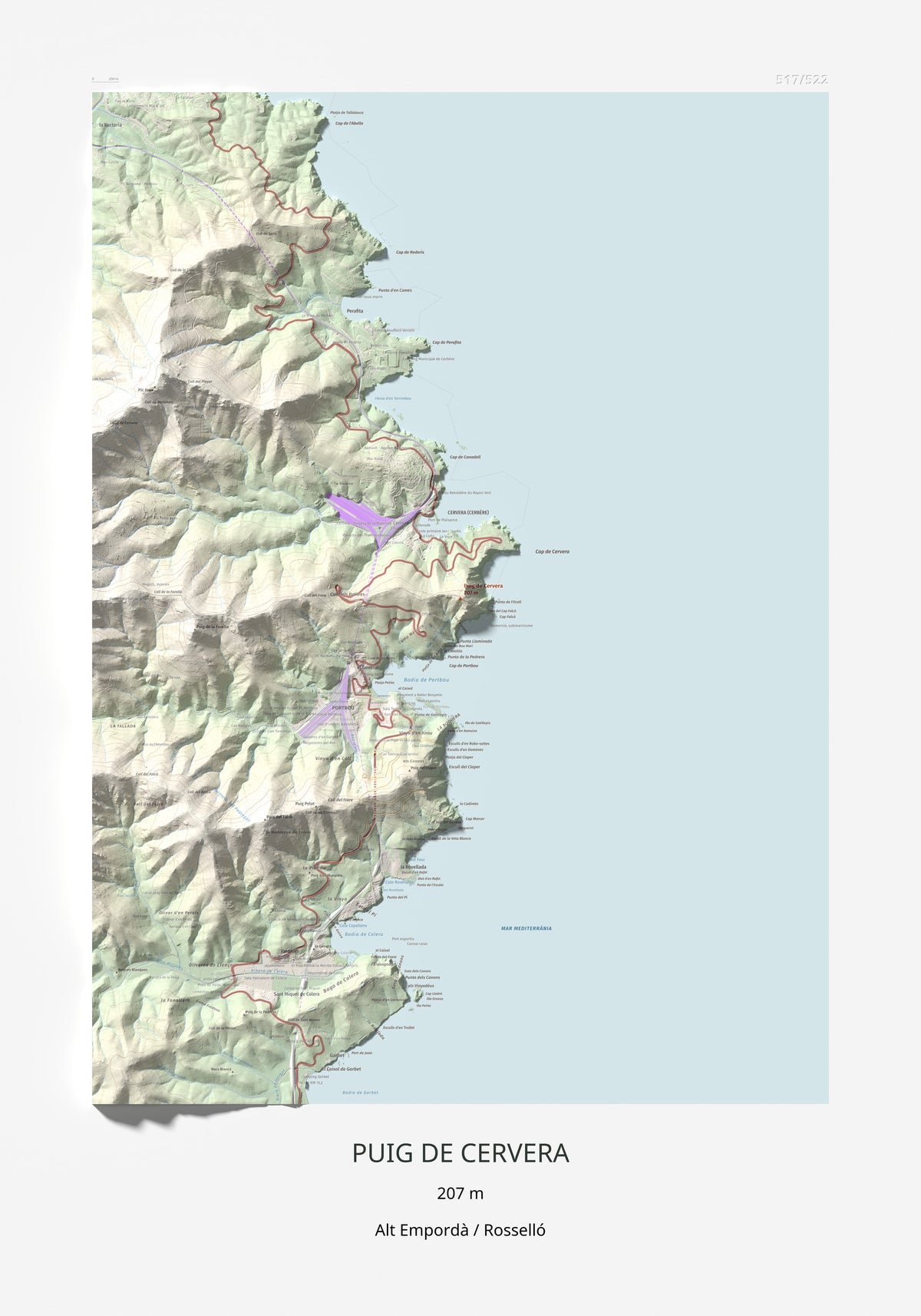 Mapa topográfico del relieve: Puig de Cervera, 207 m. Lámina completa. 70 × 100 cm.