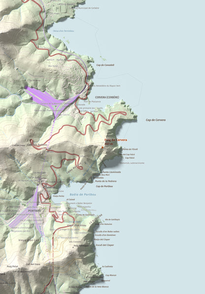 Mapa topográfico del relieve: Puig de Cervera, 207 m. Detalle de la zona central. 70 × 100 cm.