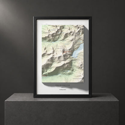 Mapa de relieve de Puig de Coma d'Or, 2826 m, Cerdanya Nord, lámina 100 Cims de Trobart. Presentación enmarcada. 21 × 30 cm.