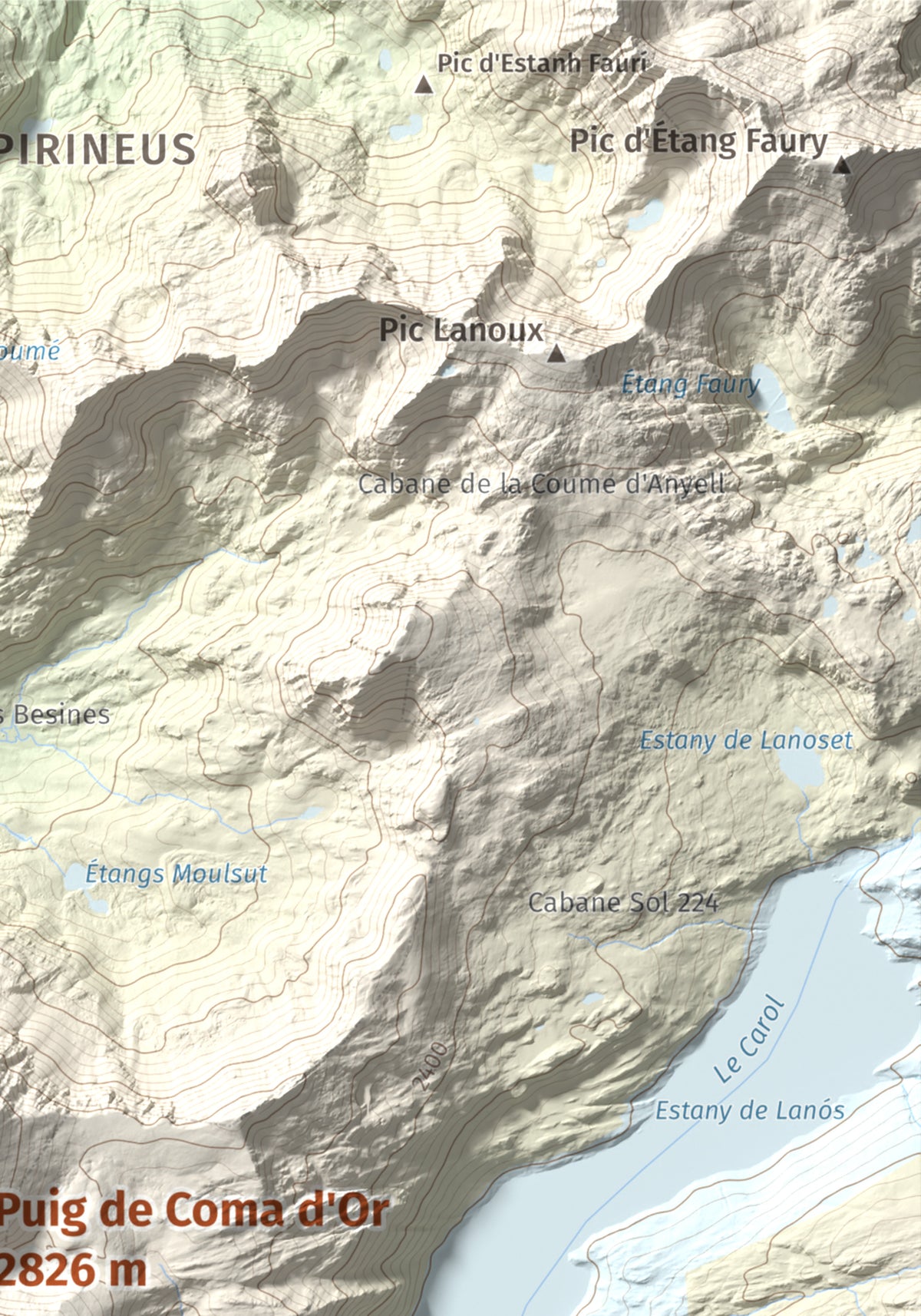 Mapa de relieve de Puig de Coma d'Or, 2826 m, Cerdanya Nord, lámina 100 Cims de Trobart. Detalle de la zona superior derecha. 21 × 30 cm.
