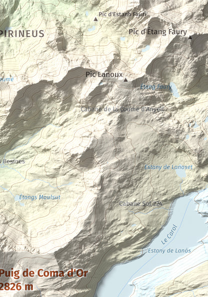 Mapa de relieve de Puig de Coma d'Or, 2826 m, Cerdanya Nord, lámina 100 Cims de Trobart. Detalle de la zona superior derecha. 21 × 30 cm.