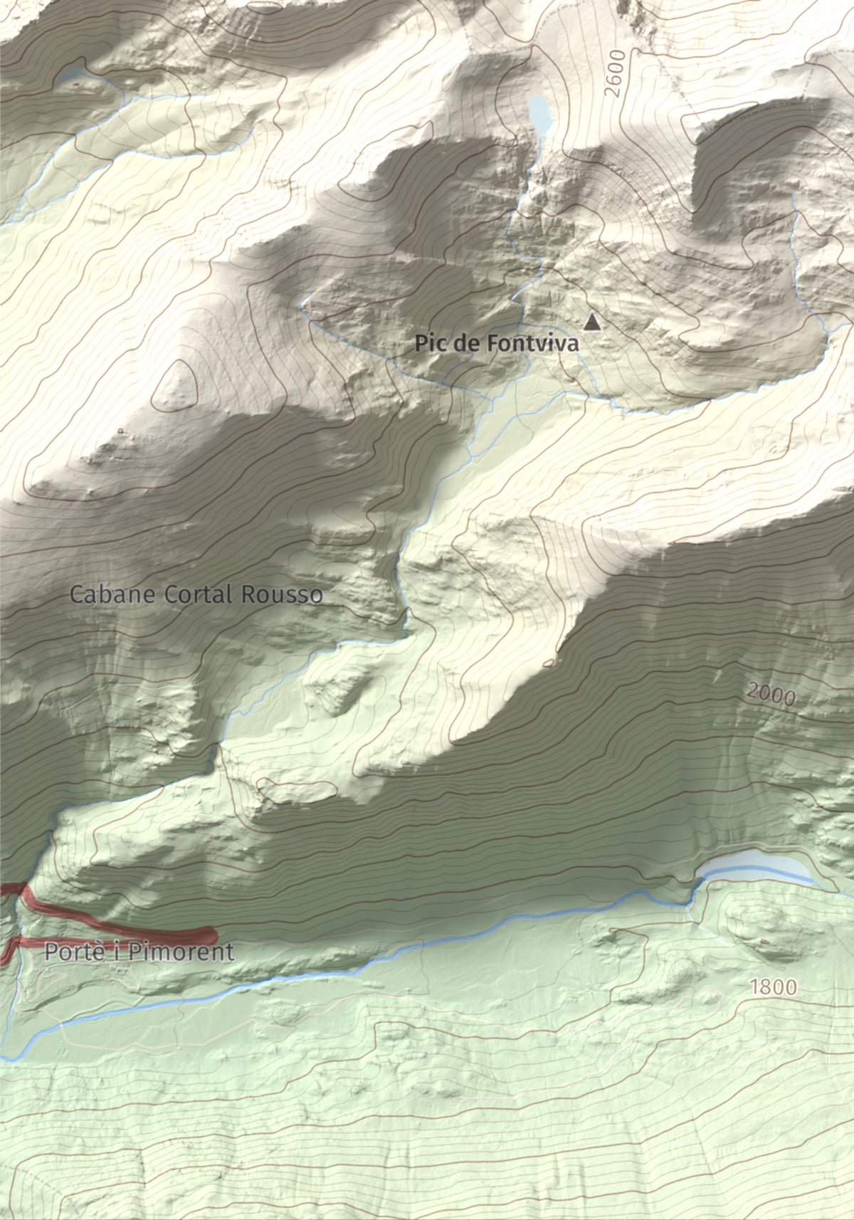 Mapa de relieve de Puig de Coma d'Or, 2826 m, Cerdanya Nord, lámina 100 Cims de Trobart. Detalle de la zona inferior izquierda. 21 × 30 cm.
