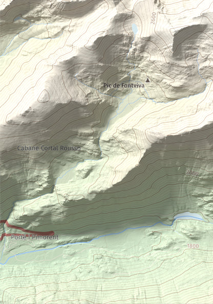 Mapa de relieve de Puig de Coma d'Or, 2826 m, Cerdanya Nord, lámina 100 Cims de Trobart. Detalle de la zona inferior izquierda. 21 × 30 cm.