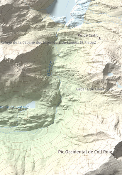 Mapa de relieve de Puig de Coma d'Or, 2826 m, Cerdanya Nord, lámina 100 Cims de Trobart. Detalle de la zona inferior derecha. 21 × 30 cm.