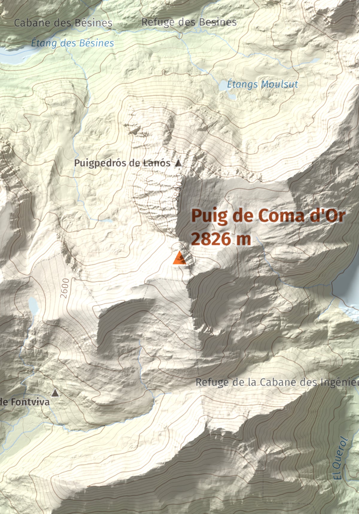 Mapa de relieve de Puig de Coma d'Or, 2826 m, Cerdanya Nord, lámina 100 Cims de Trobart. Detalle de la zona central. 21 × 30 cm.
