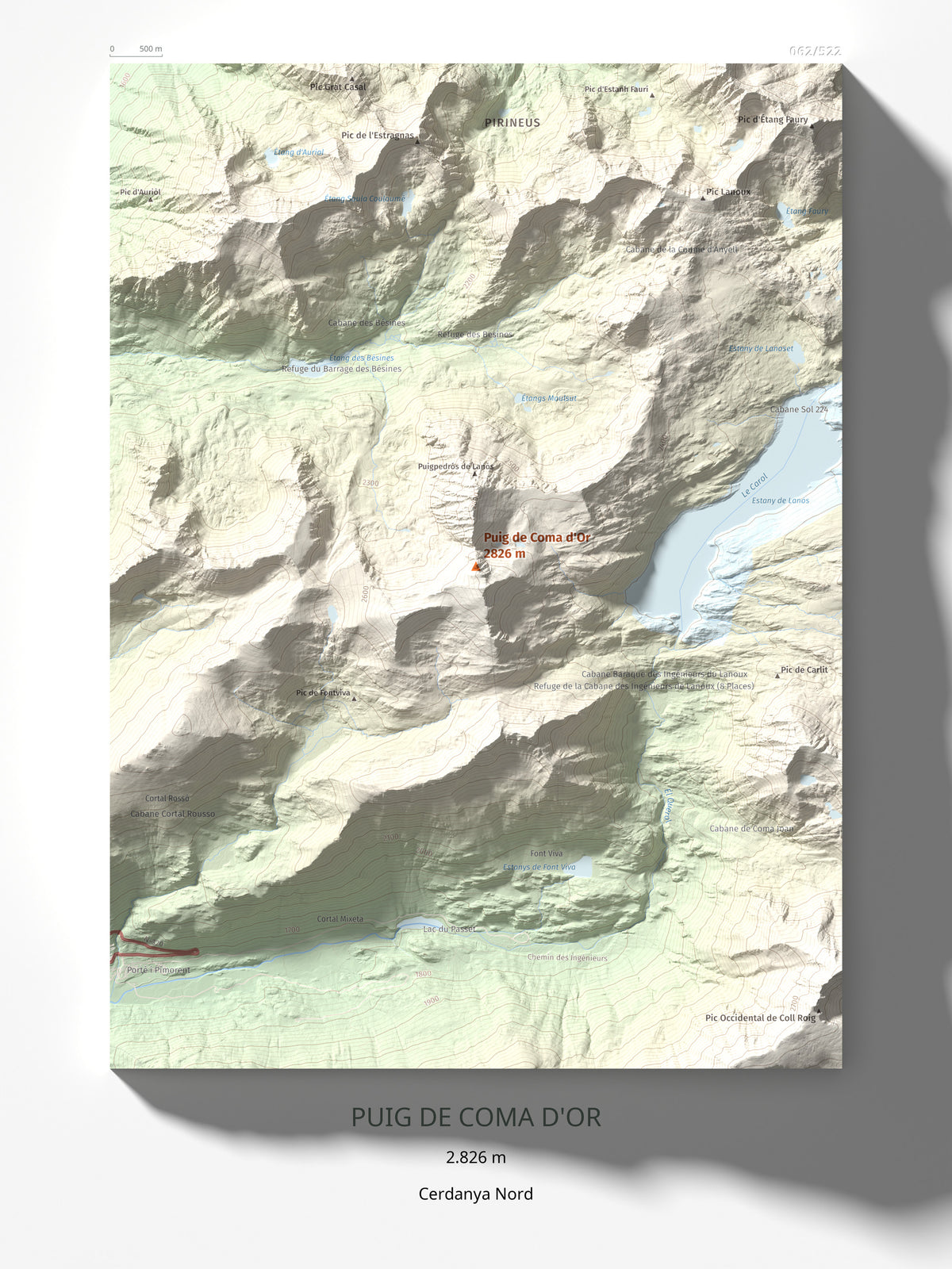 Mapa de relieve de Puig de Coma d'Or, 2826 m, Cerdanya Nord, lámina 100 Cims de Trobart 30 × 40 cm.