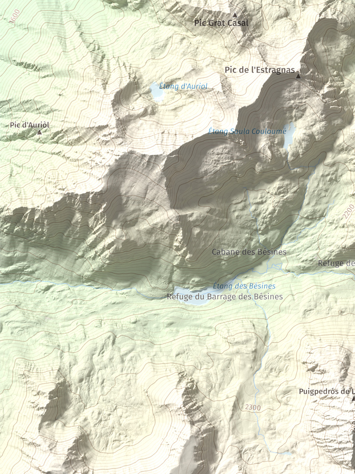 Mapa de relieve de Puig de Coma d'Or, 2826 m, Cerdanya Nord, lámina 100 Cims de Trobart. Detalle de la zona superior izquierda. 30 × 40 cm.