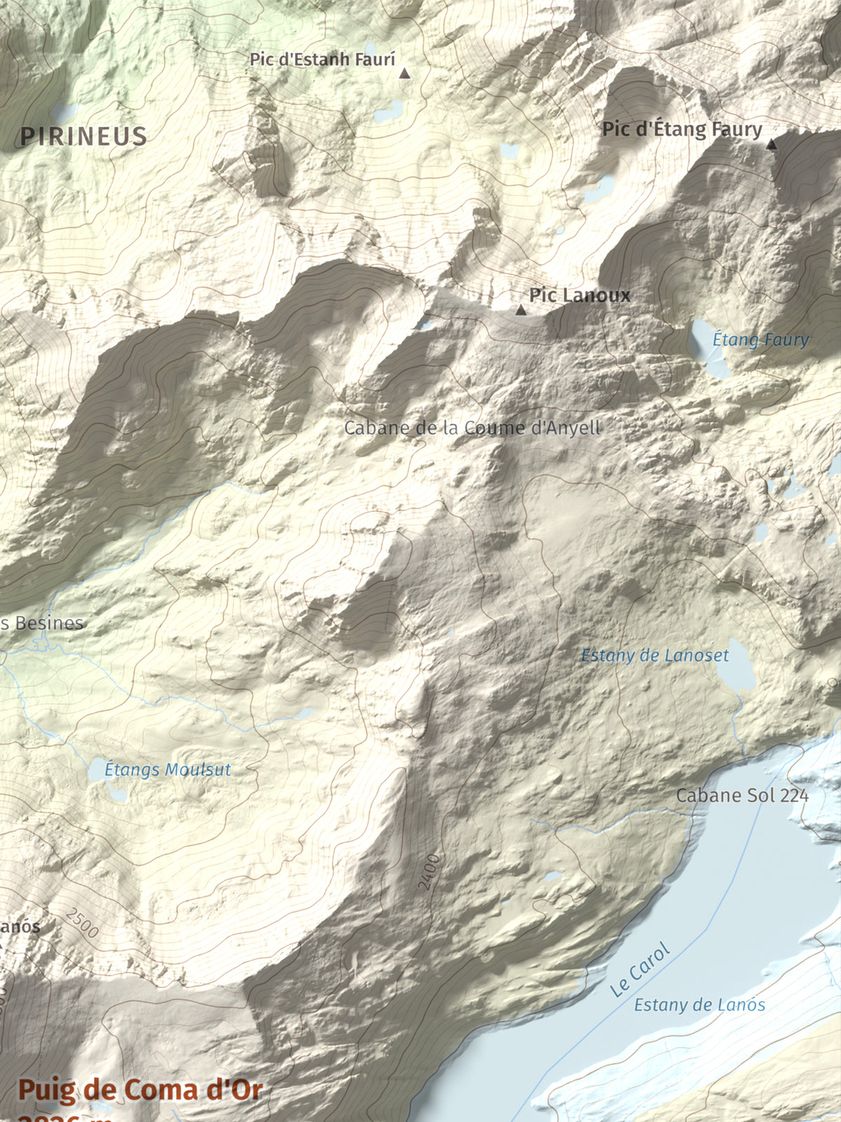 Mapa de relieve de Puig de Coma d'Or, 2826 m, Cerdanya Nord, lámina 100 Cims de Trobart. Detalle de la zona superior derecha. 30 × 40 cm.